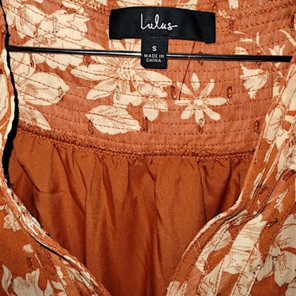 Lulus Small Burnt Orange Floral Mini Dress Long Sleeve Deep V Boho Flowery Beads - Picture 8 of 16
